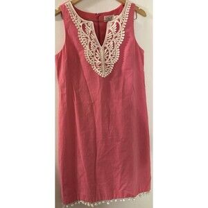 Eliza J Dress Sz 6 Pink Linen W/Crochet V-Neck  Barbiecore Sleeveless Easter Pom